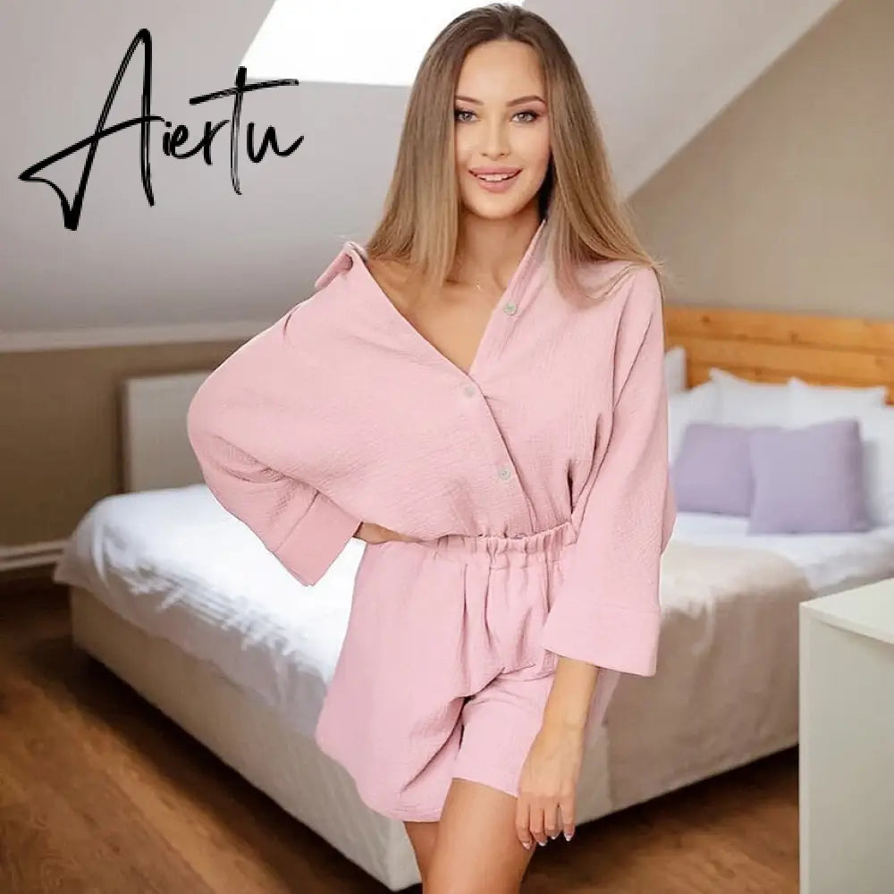 Cotton Pajamas For Women Sets Suit Casual Sleepwear Turn-Down Collar Nine Quarter Sleeve Sleep Tops Shorts Female Homewear Aiertu