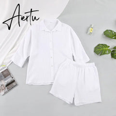 Cotton Pajamas For Women Sets Suit Casual Sleepwear Turn-Down Collar Nine Quarter Sleeve Sleep Tops Shorts Female Homewear Aiertu