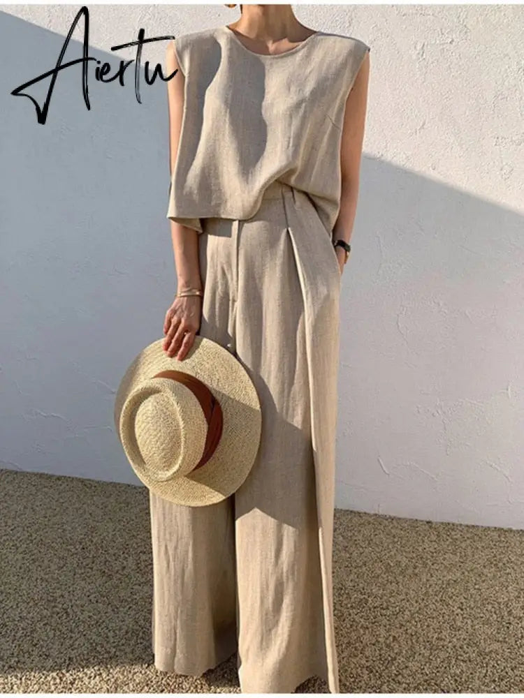 Cotton Sleeveless Tank Top Wide Leg Pants Set O-Neck Casual Oversize Tops Two Piece Sets  Women Fashion Shopping Outifits Aiertu