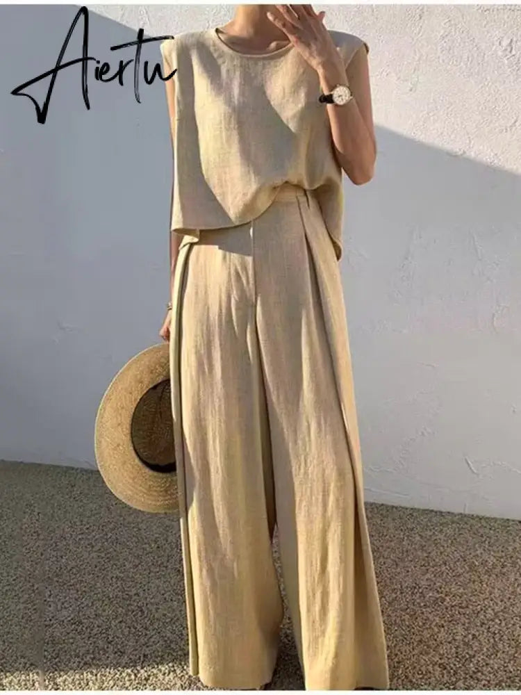 Cotton Sleeveless Tank Top Wide Leg Pants Set O-Neck Casual Oversize Tops Two Piece Sets  Women Fashion Shopping Outifits Aiertu