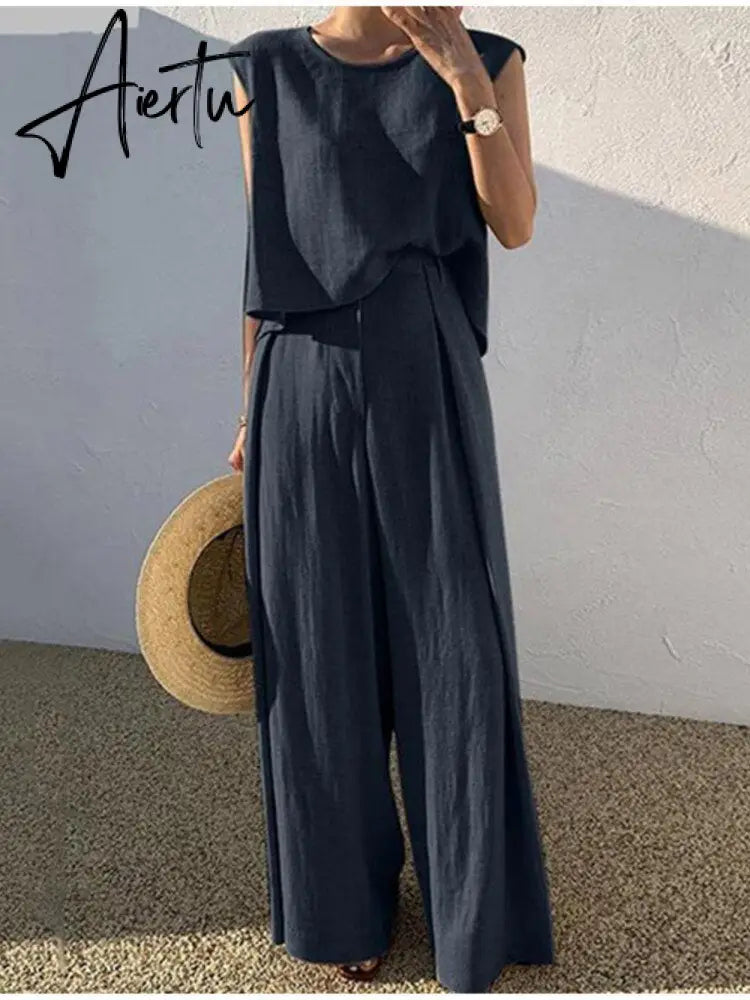 Cotton Sleeveless Tank Top Wide Leg Pants Set O-Neck Casual Oversize Tops Two Piece Sets  Women Fashion Shopping Outifits Aiertu