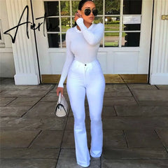 Cotton White High Waist Casual Flared Jeans Women Spring New Slim Slimming Denim Trousers Office Lady Denim Flared Pants Aiertu