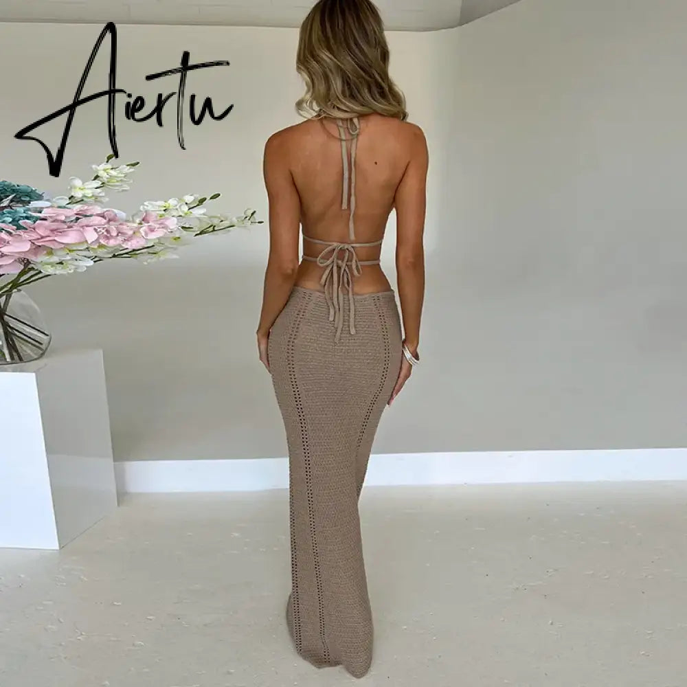 Crochet Halter Sleeveless Backless Solid Hollow Out Bandage Sexy Slim Maxi Prom Dress Winter Festival Party Outfit Aiertu