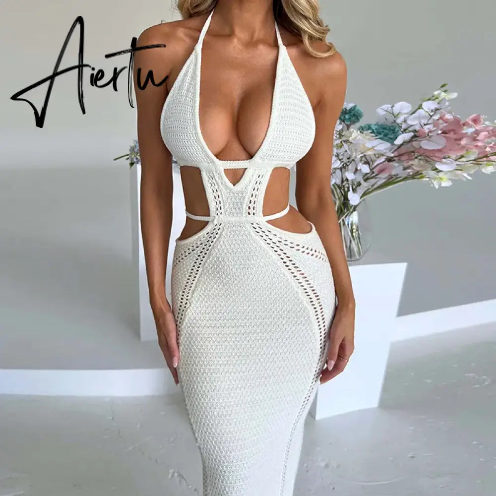 Crochet Halter Sleeveless Backless Solid Hollow Out Bandage Sexy Slim Maxi Prom Dress Winter Festival Party Outfit Aiertu