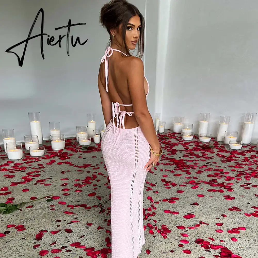 Crochet Halter Sleeveless Backless Solid Hollow Out Bandage Sexy Slim Maxi Prom Dress Winter Festival Party Outfit Aiertu