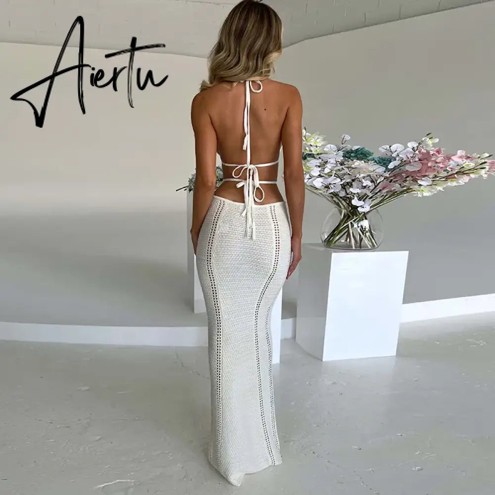 Crochet Halter Sleeveless Backless Solid Hollow Out Bandage Sexy Slim Maxi Prom Dress Winter Festival Party Outfit Aiertu