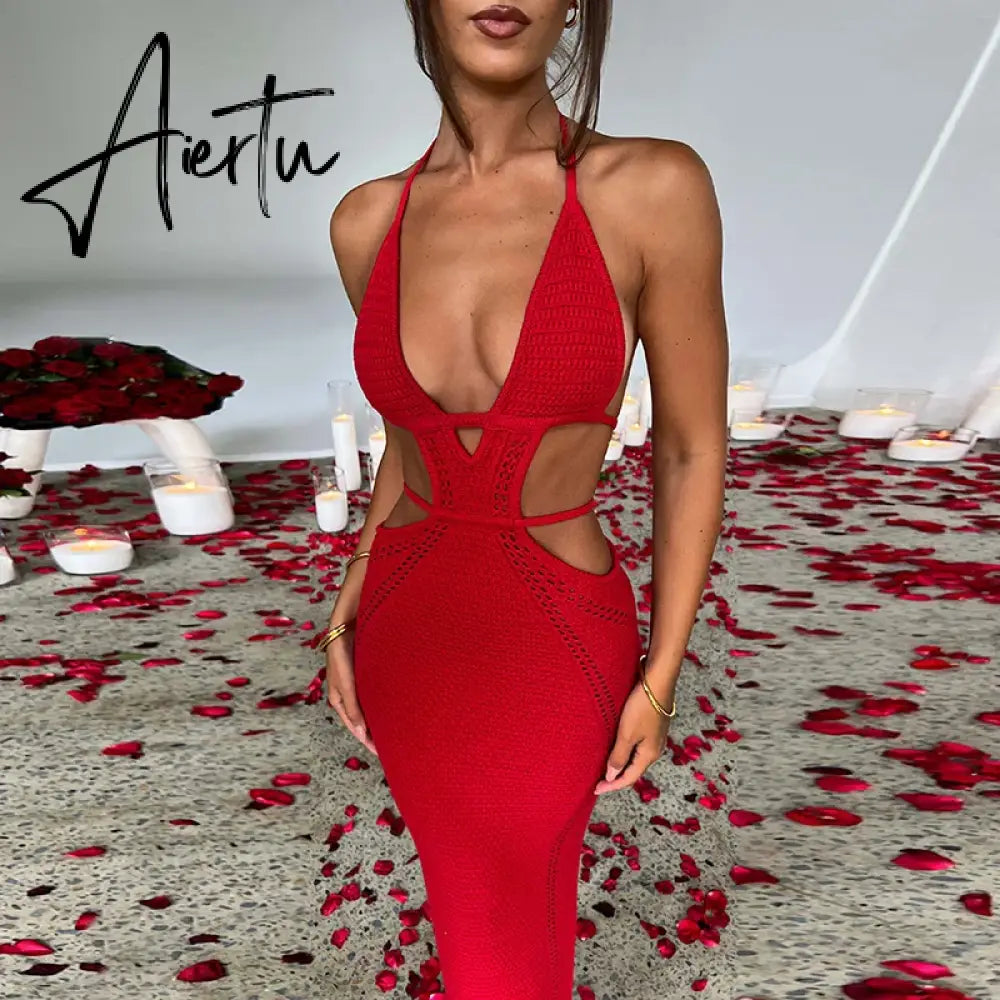 Crochet Halter Sleeveless Backless Solid Hollow Out Bandage Sexy Slim Maxi Prom Dress Winter Festival Party Outfit Aiertu