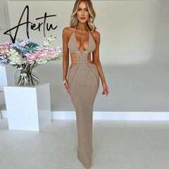 Crochet Halter Sleeveless Backless Solid Hollow Out Bandage Sexy Slim Maxi Prom Dress Winter Festival Party Outfit Aiertu