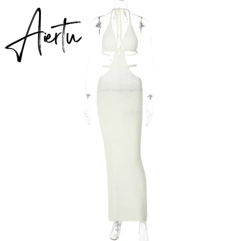 Crochet Halter Sleeveless Backless Solid Hollow Out Bandage Sexy Slim Maxi Prom Dress Winter Festival Party Outfit Aiertu