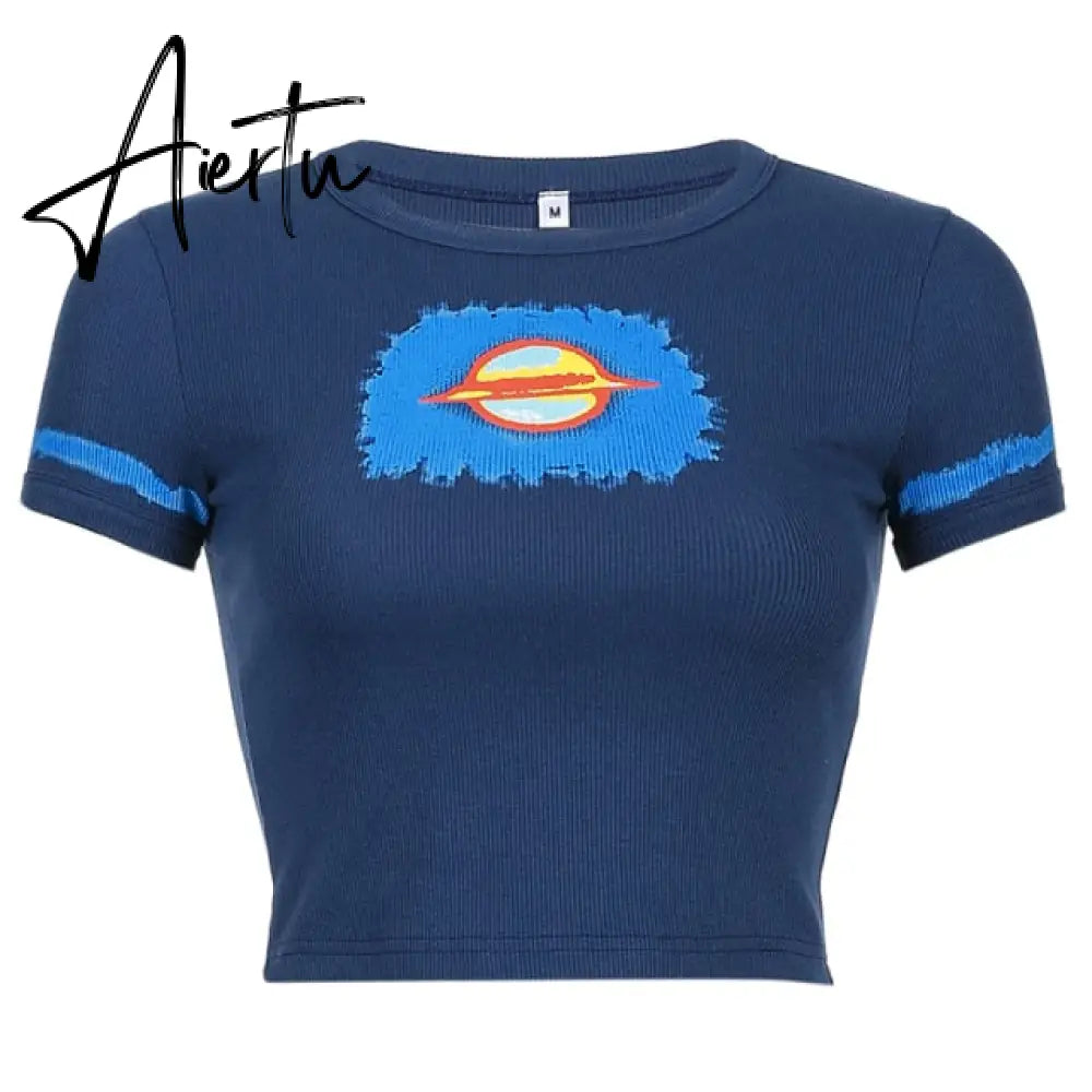 Crop Top y2k Knitted T Shirt Harajuku Tee Top Short Sleeve Tshirt O Neck Pullovers Women Casual Cute Top 90S Aiertu
