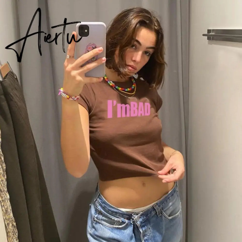 Crop Top y2k Knitted T Shirt Harajuku Tee Top Short Sleeve Tshirt O Neck Pullovers Women Casual Cute Top 90S Aiertu
