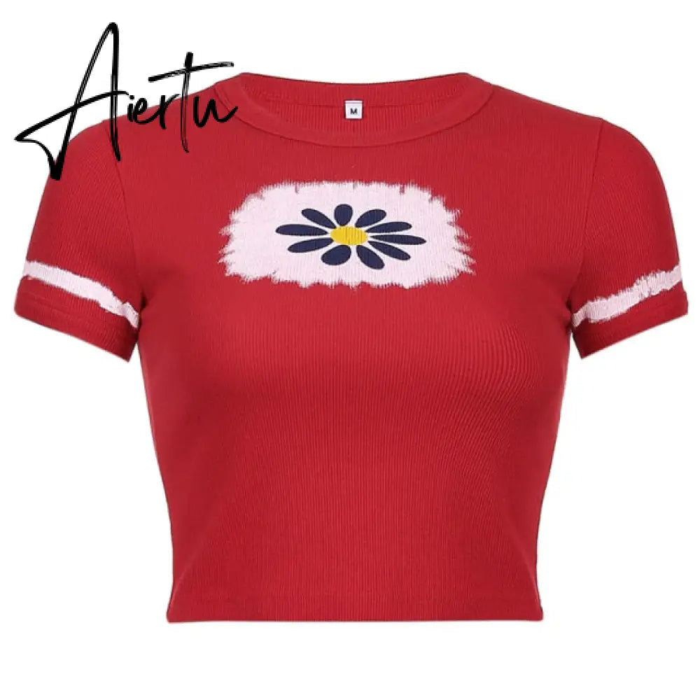Crop Top y2k Knitted T Shirt Harajuku Tee Top Short Sleeve Tshirt O Neck Pullovers Women Casual Cute Top 90S Aiertu