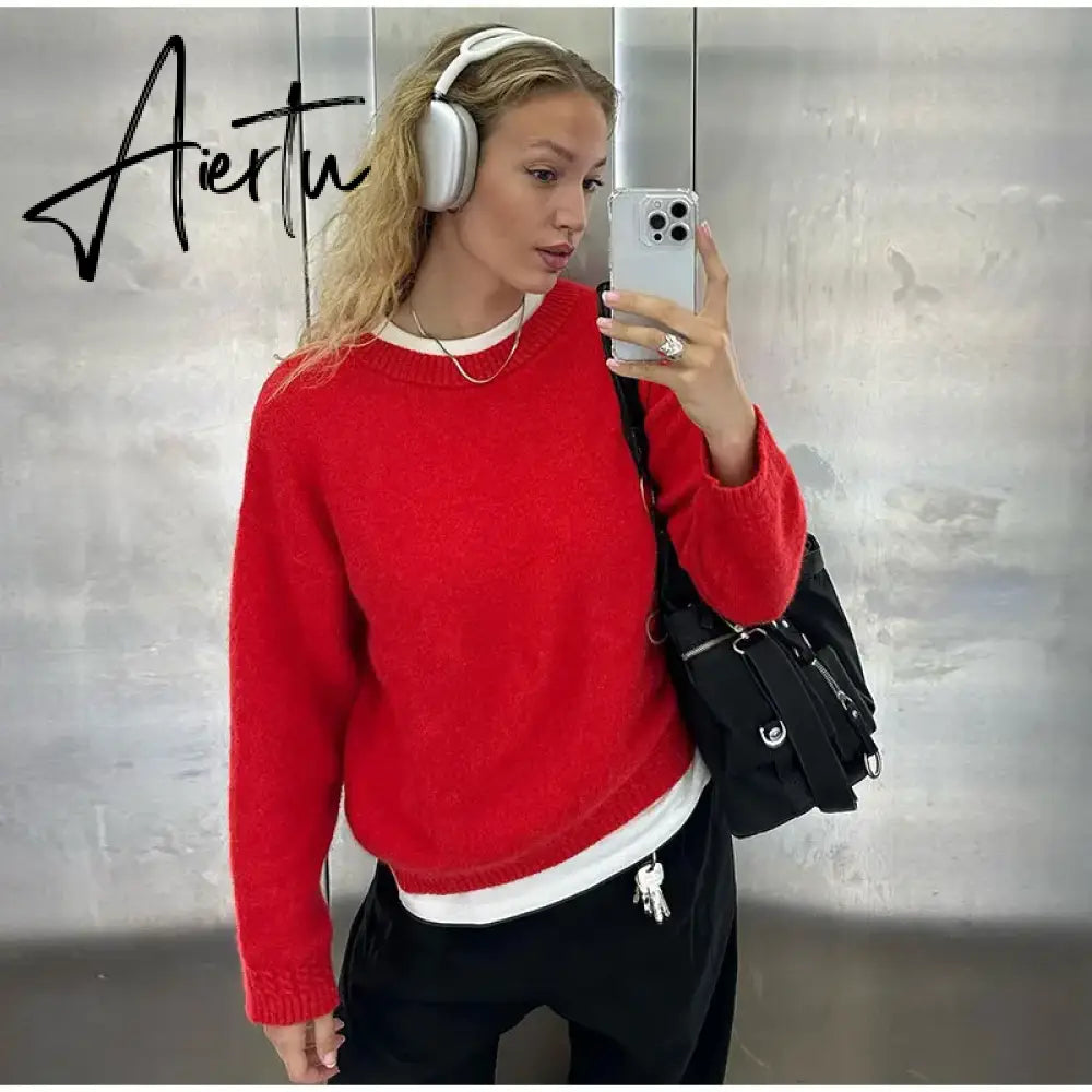 Cropped Solid Sweaters For Women Long Sleeve O-neck Loose Fit Warm Pullover Tops Female Autumn Winter Fashion Knitted Sweater Christmas Aiertu