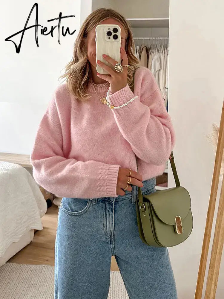 Cropped Solid Sweaters For Women Long Sleeve O-neck Loose Fit Warm Pullover Tops Female Autumn Winter Fashion Knitted Sweater Christmas Aiertu