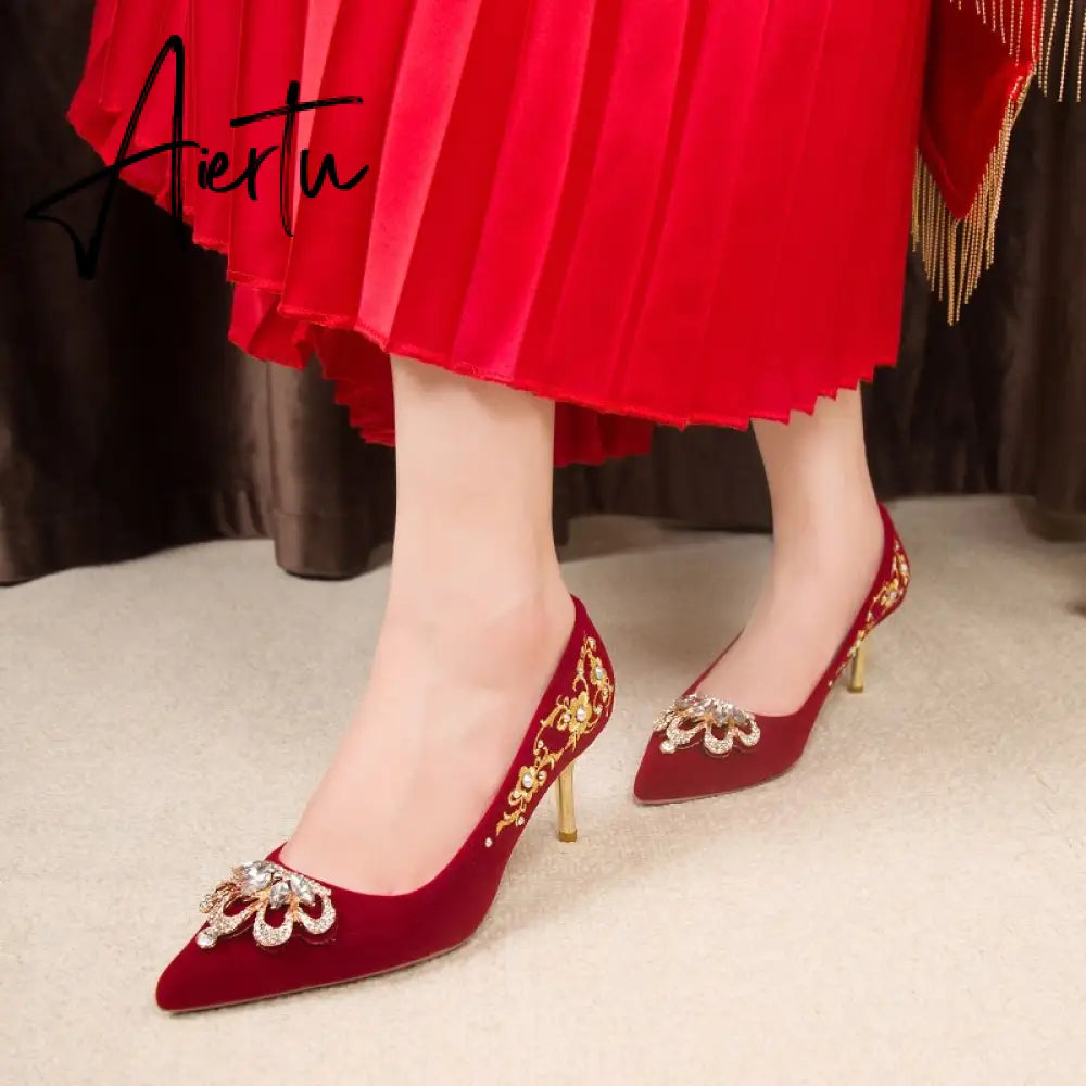 Crystal Buckle Plush Pumps Women New Embroidery Thin Heels Chinese Wedding Shoes Woman Red Point Toe High Heel Shoes Aiertu