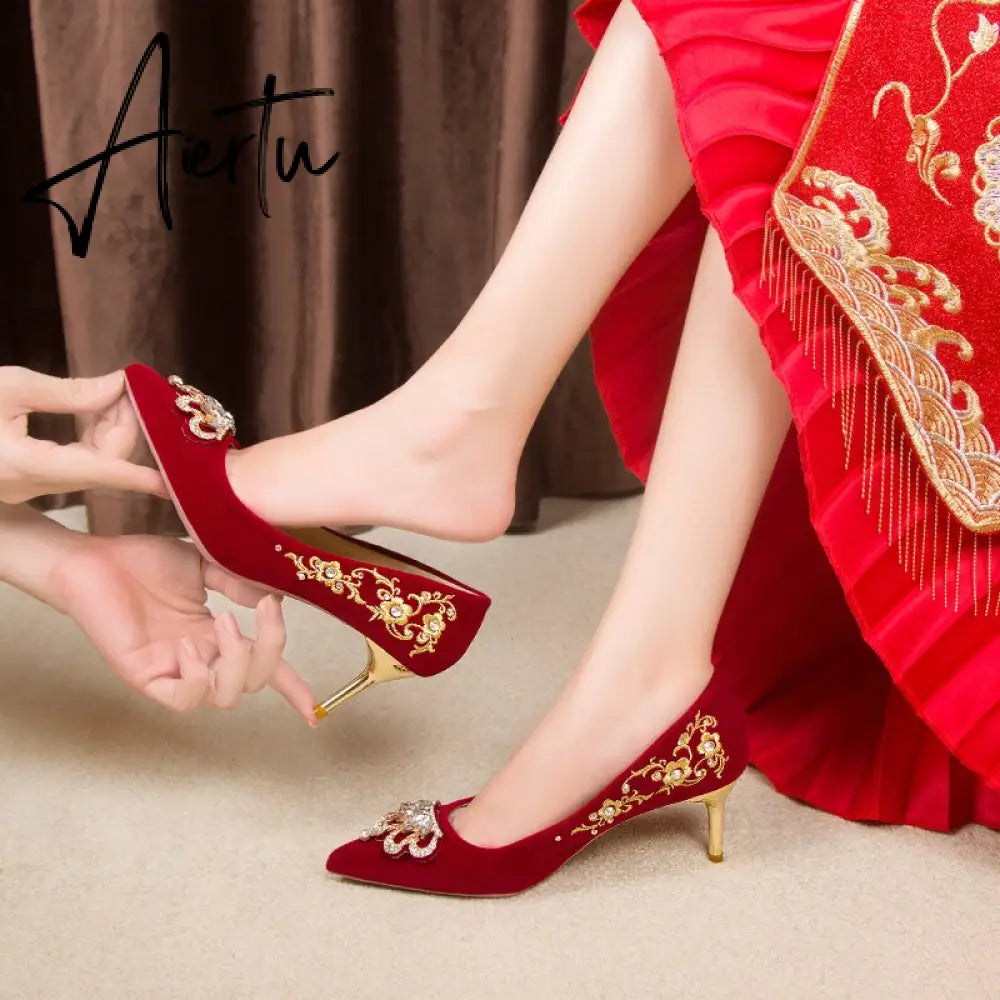 Crystal Buckle Plush Pumps Women New Embroidery Thin Heels Chinese Wedding Shoes Woman Red Point Toe High Heel Shoes Aiertu