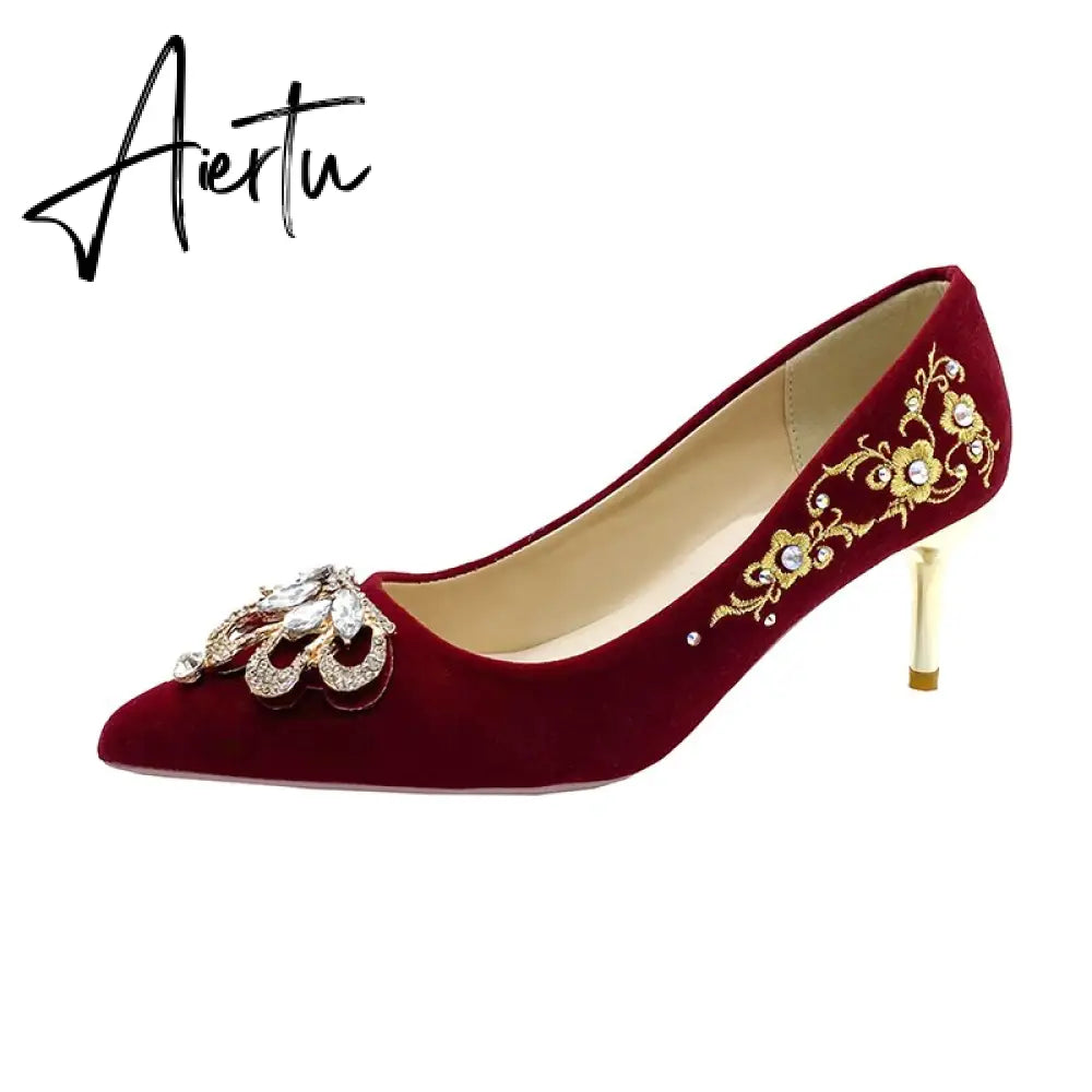 Crystal Buckle Plush Pumps Women New Embroidery Thin Heels Chinese Wedding Shoes Woman Red Point Toe High Heel Shoes Aiertu