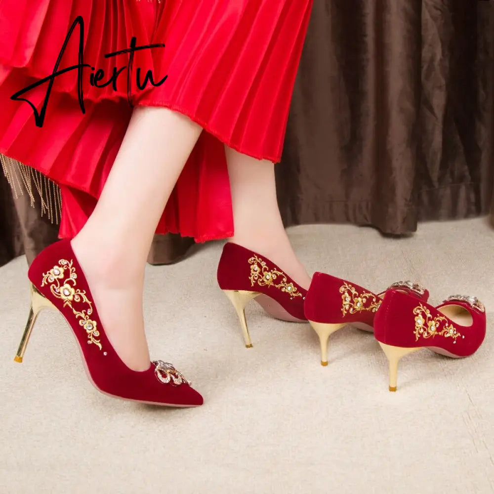 Crystal Buckle Plush Pumps Women New Embroidery Thin Heels Chinese Wedding Shoes Woman Red Point Toe High Heel Shoes Aiertu