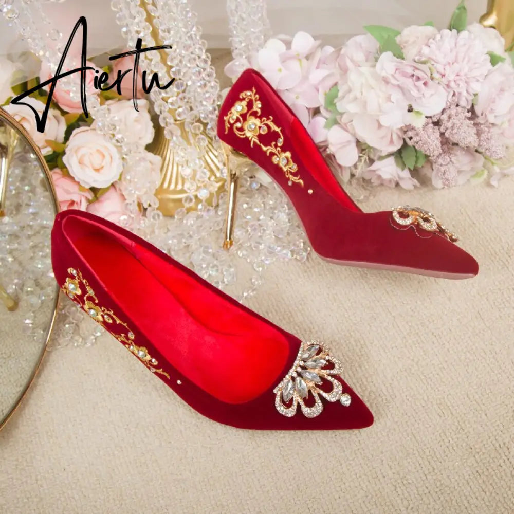 Crystal Buckle Plush Pumps Women New Embroidery Thin Heels Chinese Wedding Shoes Woman Red Point Toe High Heel Shoes Aiertu