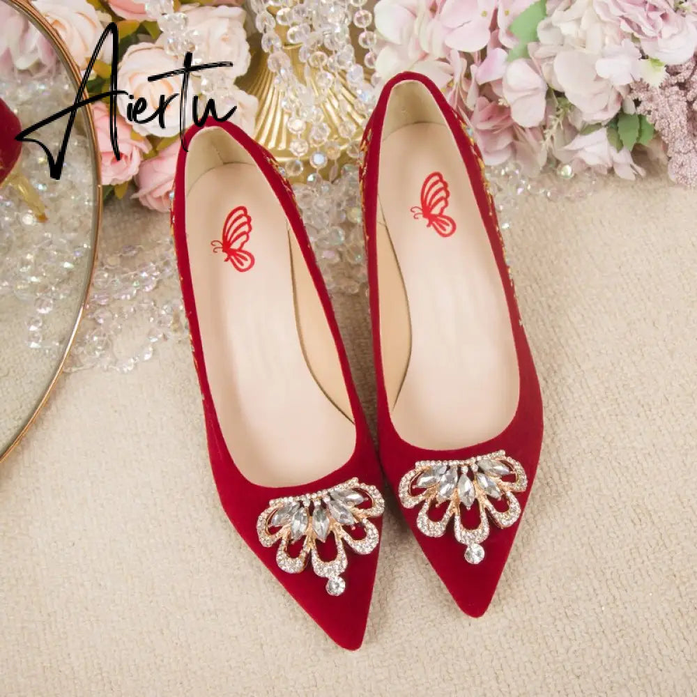 Crystal Buckle Plush Pumps Women New Embroidery Thin Heels Chinese Wedding Shoes Woman Red Point Toe High Heel Shoes Aiertu