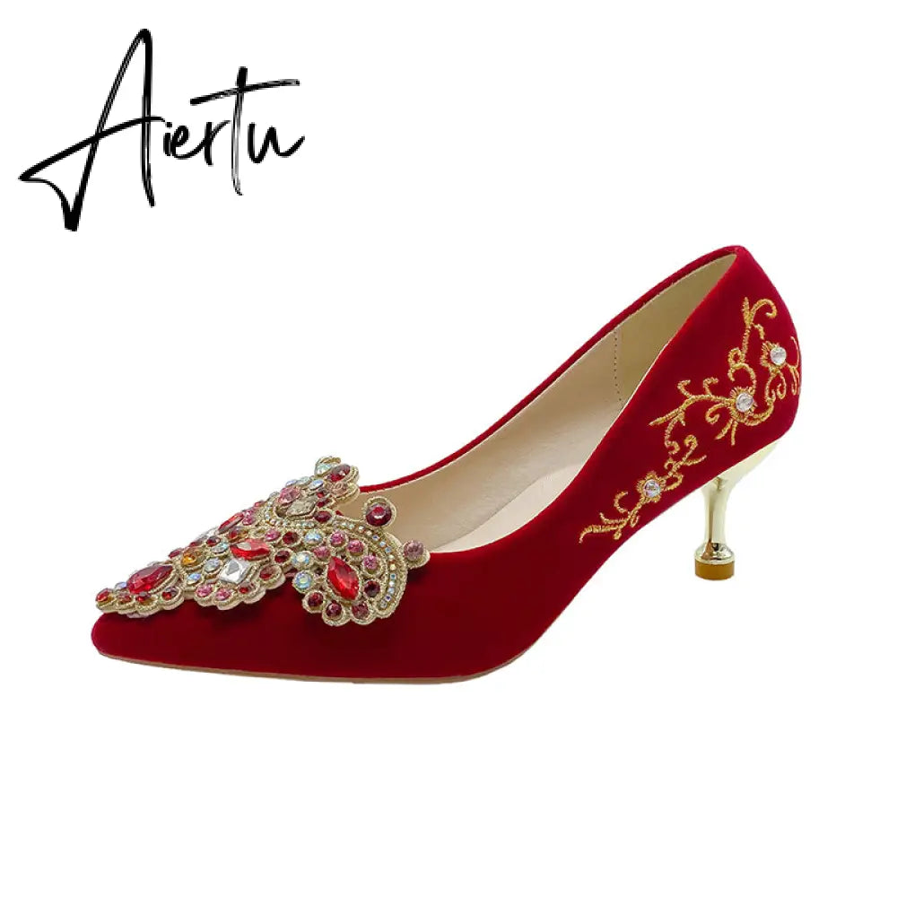 Crystal Buckle Plush Pumps Women New Embroidery Thin Heels Chinese Wedding Shoes Woman Red Point Toe High Heel Shoes Aiertu