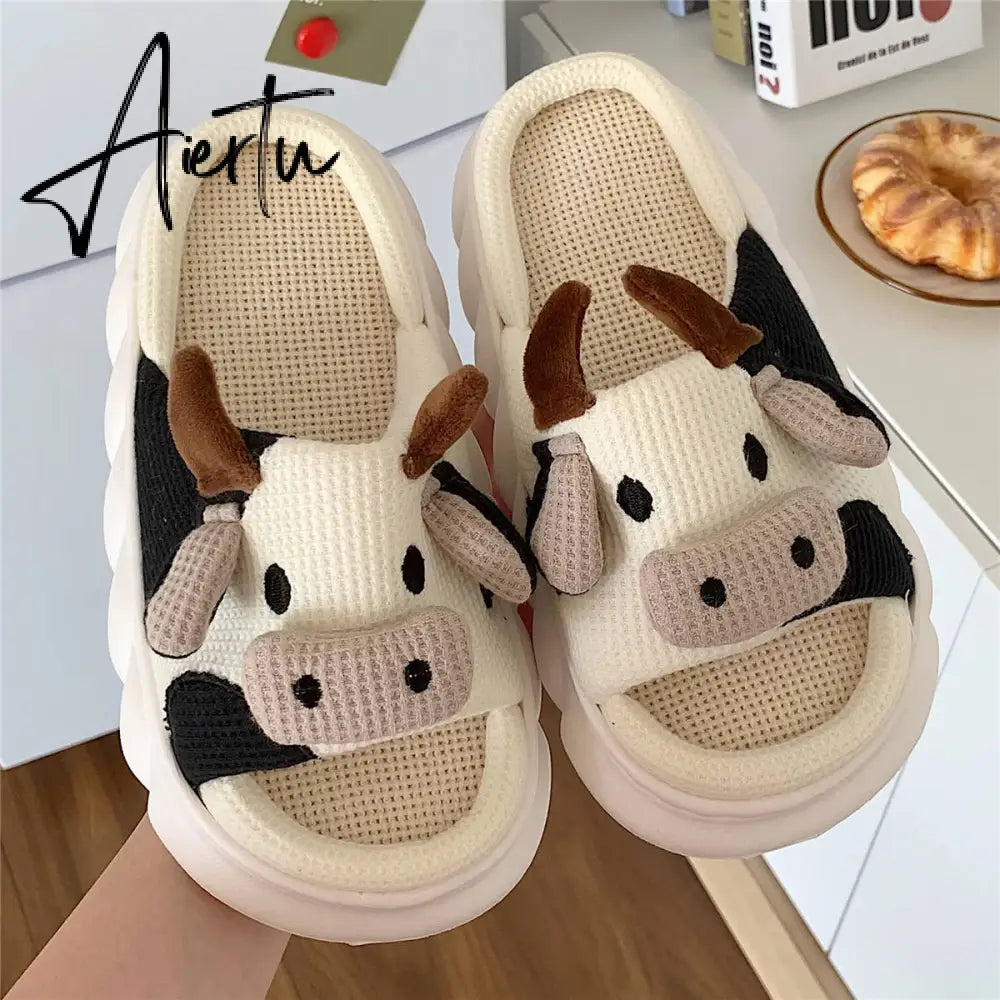 Cute Cartoon Milk Cow House Slippers Funny Shoes Women's Slippers Summer Four Seasons Indoor Home Slippers Aiertu
