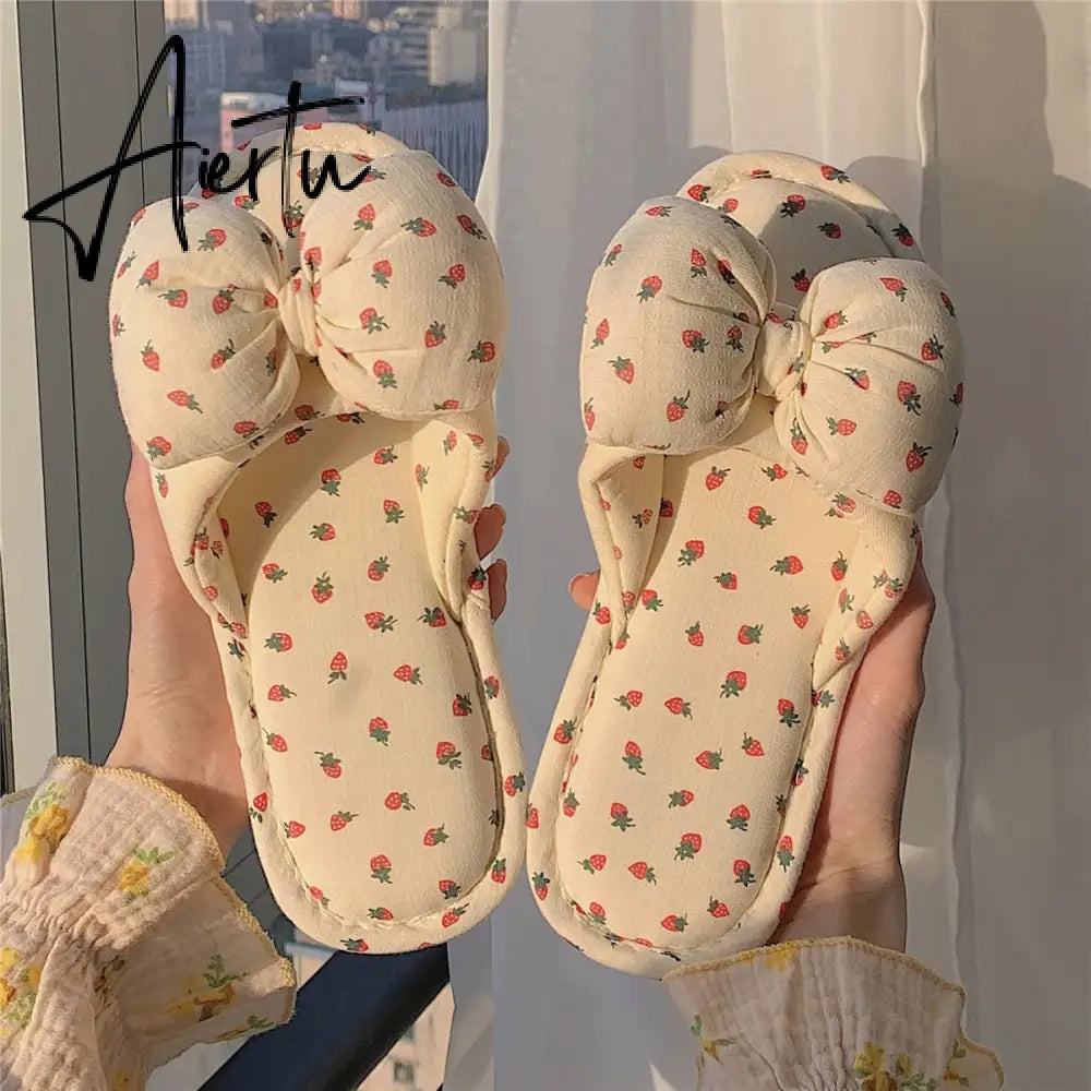 Cute Strawberry Plush Slippers Autumn House Slides Female Flip Flops Women Slippers Winter Home Warm Furry Linen Slippers Women Aiertu