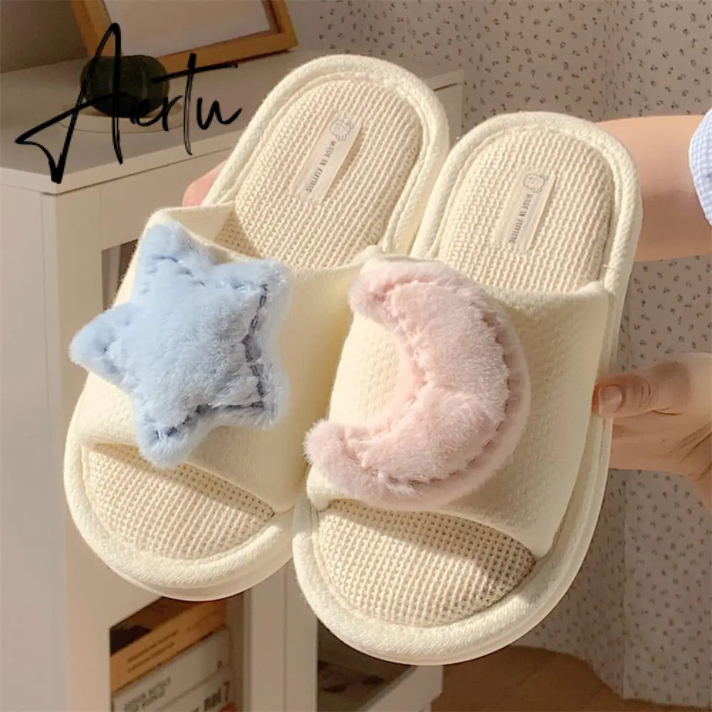 Cute Strawberry Plush Slippers Autumn House Slides Female Flip Flops Women Slippers Winter Home Warm Furry Linen Slippers Women Aiertu