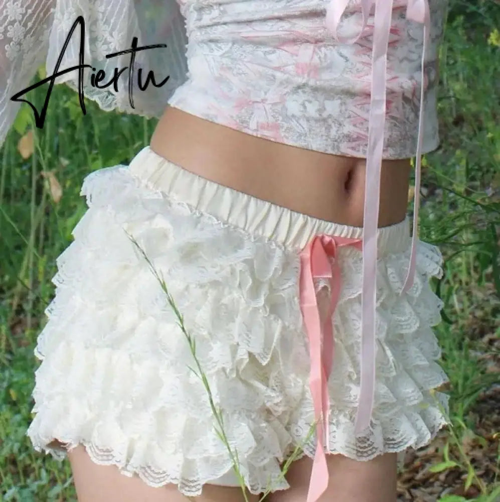 Cutest Vintage Japanese Style Frill Lace Shorts Coquette Y2K Fairy 00s Retro Kawaii Multi-layers Ruffles Bloomers Women Costume Aiertu