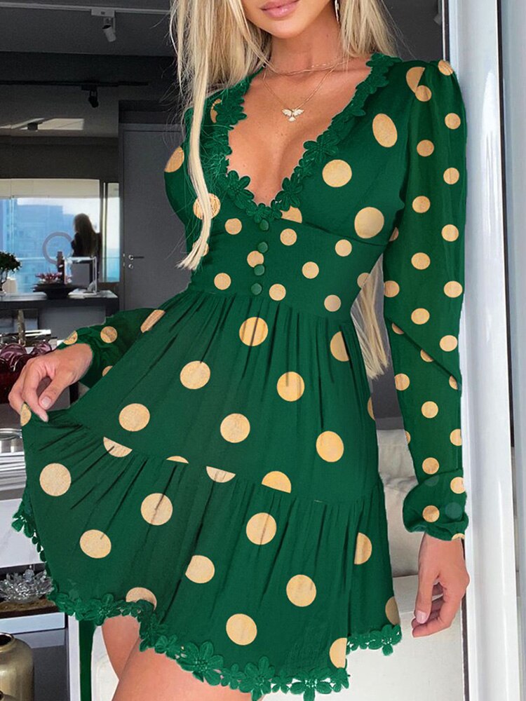 Aiertu Polka Dot Print Lace Trim Ruched Dress Women Sexy Plunge Long Sleeve Flared Mini Dress Aiertu