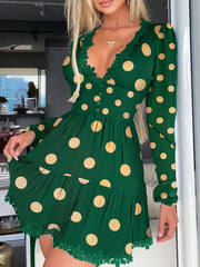 Aiertu Polka Dot Print Lace Trim Ruched Dress Women Sexy Plunge Long Sleeve Flared Mini Dress Aiertu