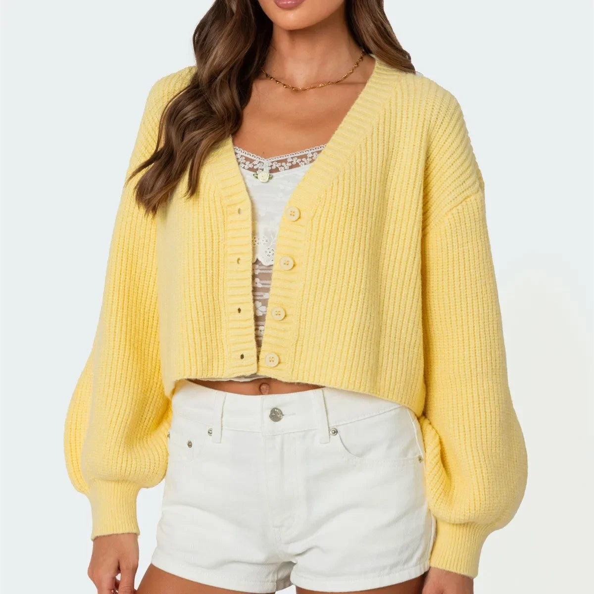 Aiertu  -  Women's Knit Crop Cardigan Casual Loose Solid Color V Neck Long Sleeve Button Down Sweater for Winter Fall Streetwear Aiertu