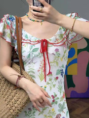 Aiertu  -   Summer Floral Dress Women Dresses Print Flowers Lace-up Female Long Dress Female Clothing Aiertu