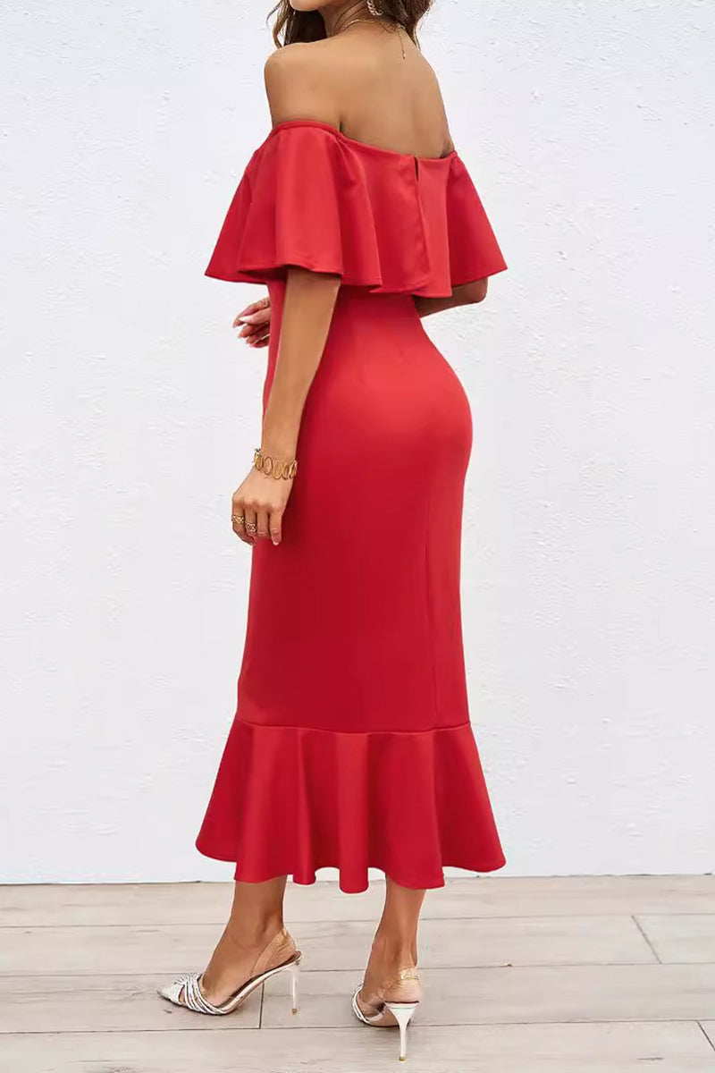Aiertu  -Sexy Prom Solid Color Ruffle Off Shoulder Fishtail Dresses aiertu
