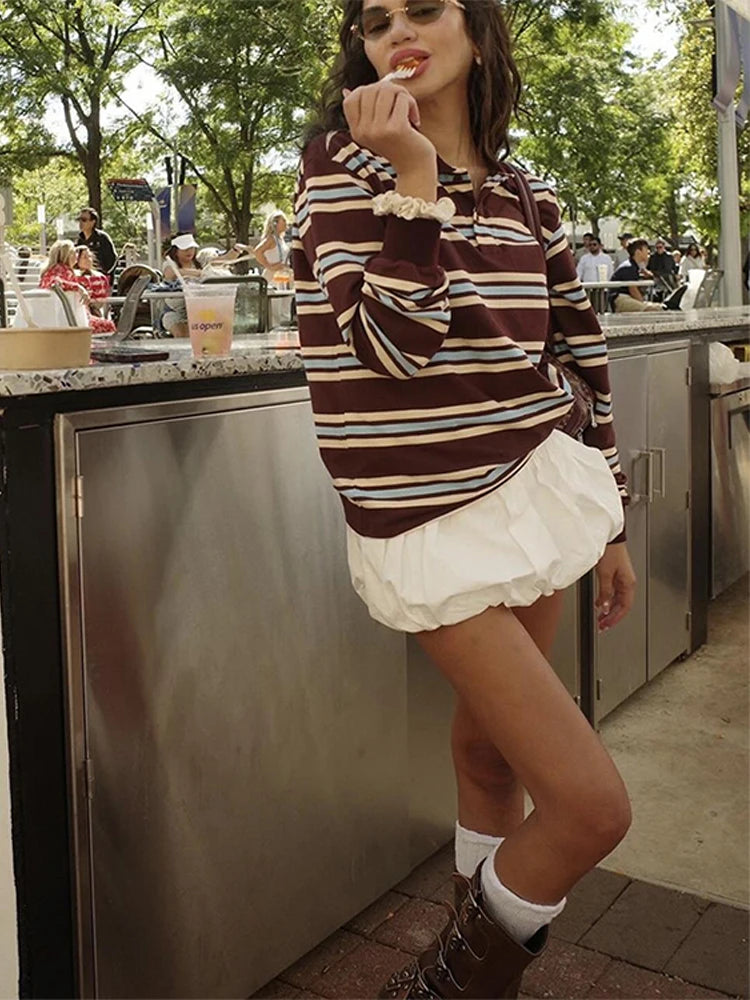 Aiertu  -  Vintage Stripe Basic Women's T-shirt Casual Long Sleeve Female All Match Polo Shirt Spring New Ladies Loose Tops High Street Aiertu