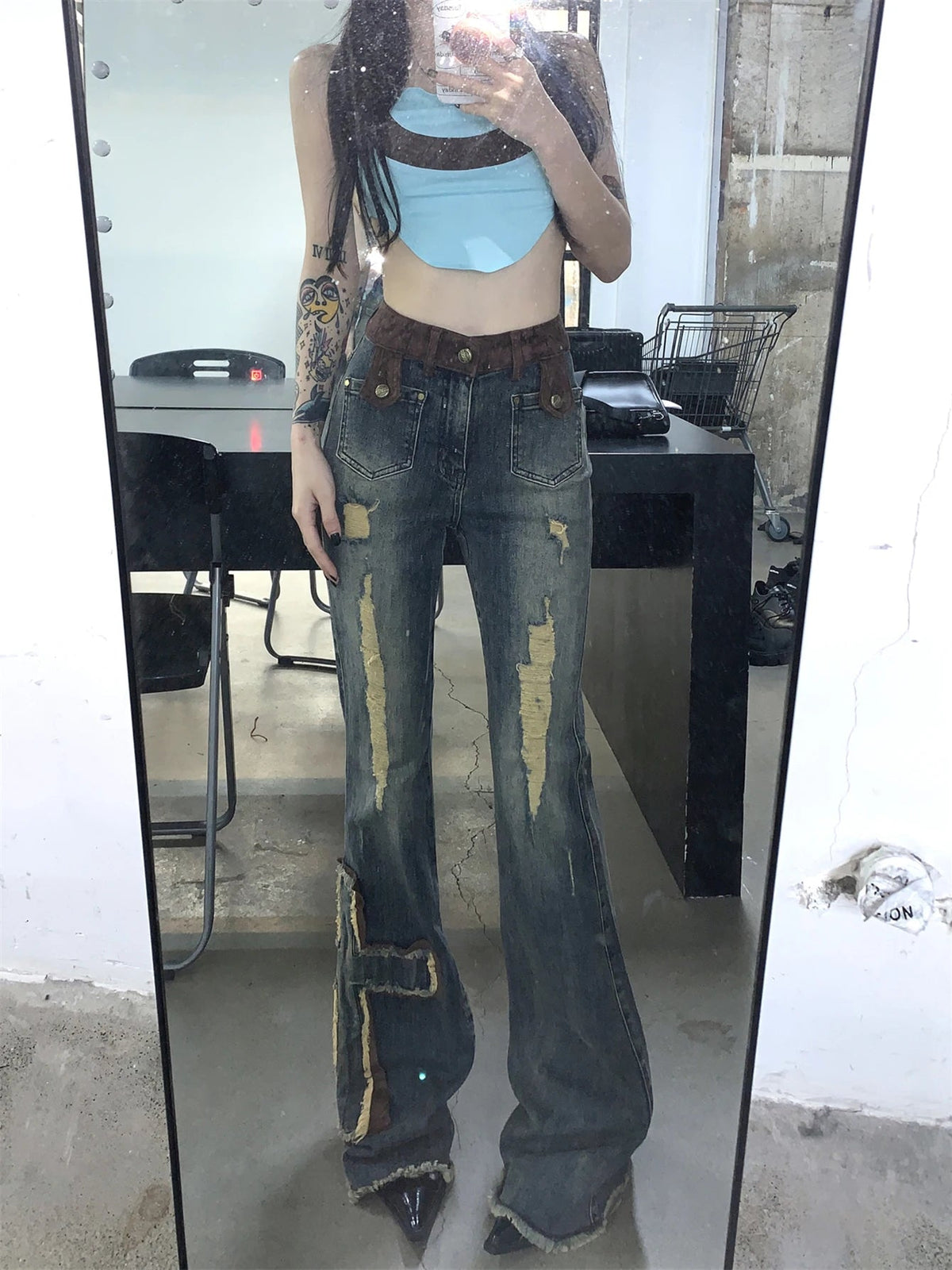 Aiertu  Cross Patchwork Bootcut Pants for Women Destroyed High Rise Slim Trousers Y2k Flare Jeans 90s Retro Korean Streetwear Aiertu