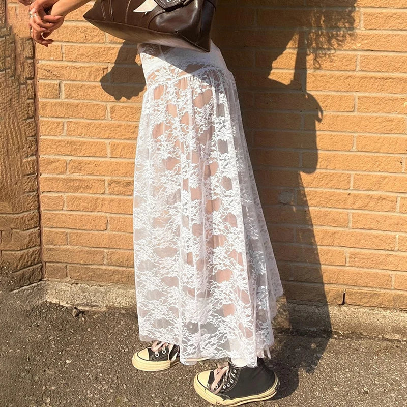 Aiertu  -   Sexy Lace See-Through Skirt For Women Elastic Waist Bow Jacquard Splice Summer New Solid Color Loose Long Skirt Female Aiertu