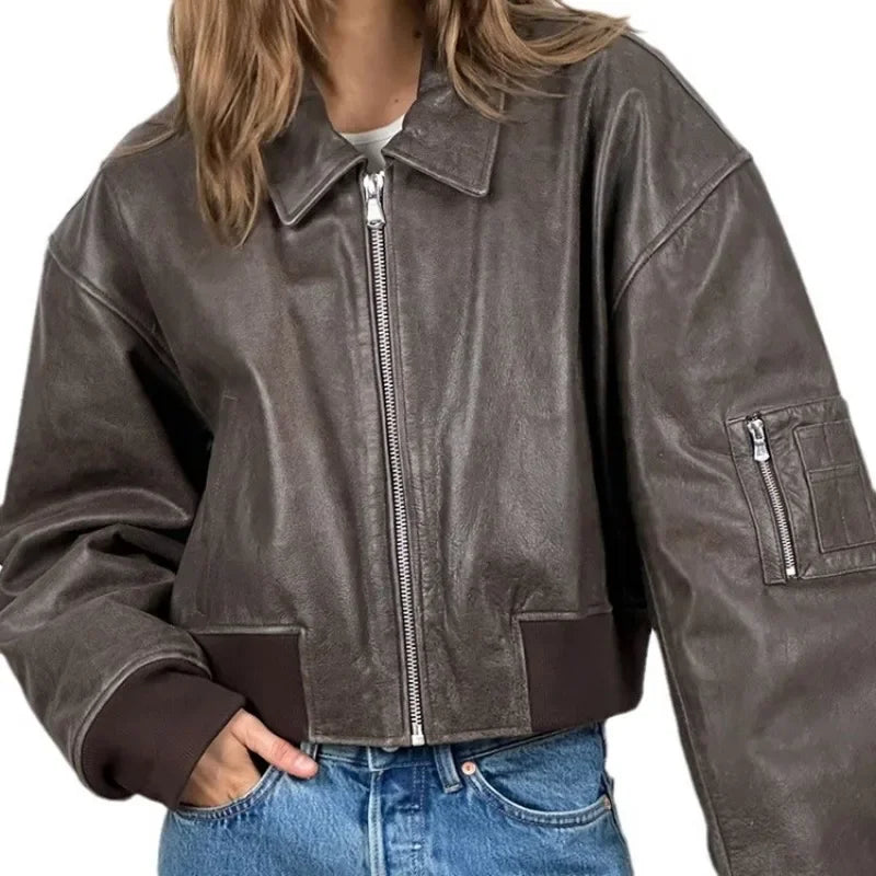 Aiertu  -  Fashion Lapel Leather Bomber Jacket Women Loose Zipper Long Sleeves Locomotive Coat Autumn New Lady High Street Outerwear Aiertu