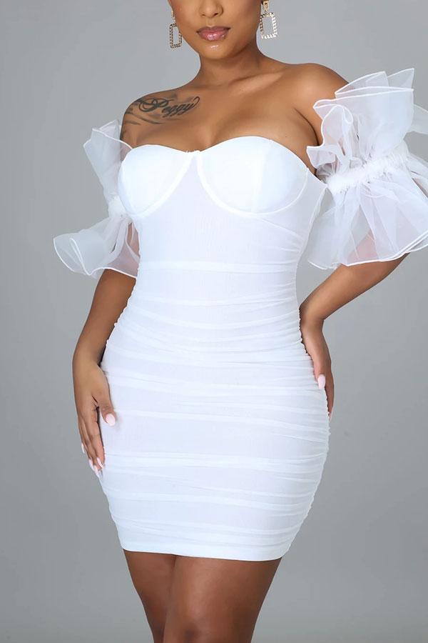 Aiertu Solid Color Ruffle Mesh Sleeve Pretty Bandeau Mini Dress Aiertu