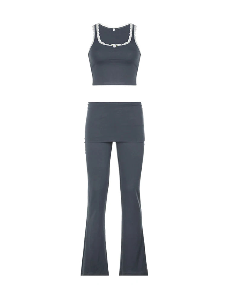 Aiertu  Patchwork Lace Trim Y2K Two Piece Sets Womens Sleeveless Square Collar Skinny Crop Top And Solid Flared Pants Tracksuits Aiertu