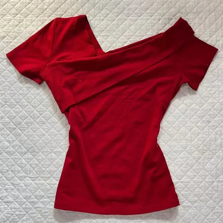 Aiertu  -  Summer Y2k Aesthetics Vintage Solid Tops Women Harajuku Slim Fit Skew Collar T-shirt Vintage Sexy Cropped Shirts Grunge E-girls Aiertu