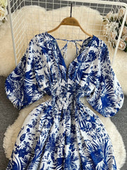 Aiertu Summer Women Sexy V-Neck Puff Sleeve Printed Romper Female Black/Red/Blue/Yellow Wide Leg Jumpsuits Vacation Beach New Fashion Aiertu