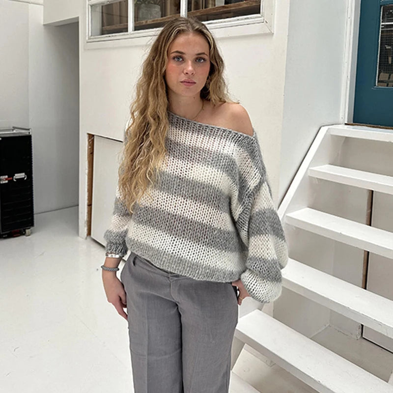 Aiertu  -  Stripe Loose Lazy Knitting Sweater Female Versatile Long Sleeves Pullover Sweater Casual Womens Autumn Winter Outwear Top Aiertu