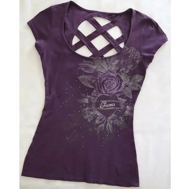Aiertu  -  Retro Gothic new printed purple back hollow women T-shirt Y2k slim fit and slim summer fashion design short top Aiertu