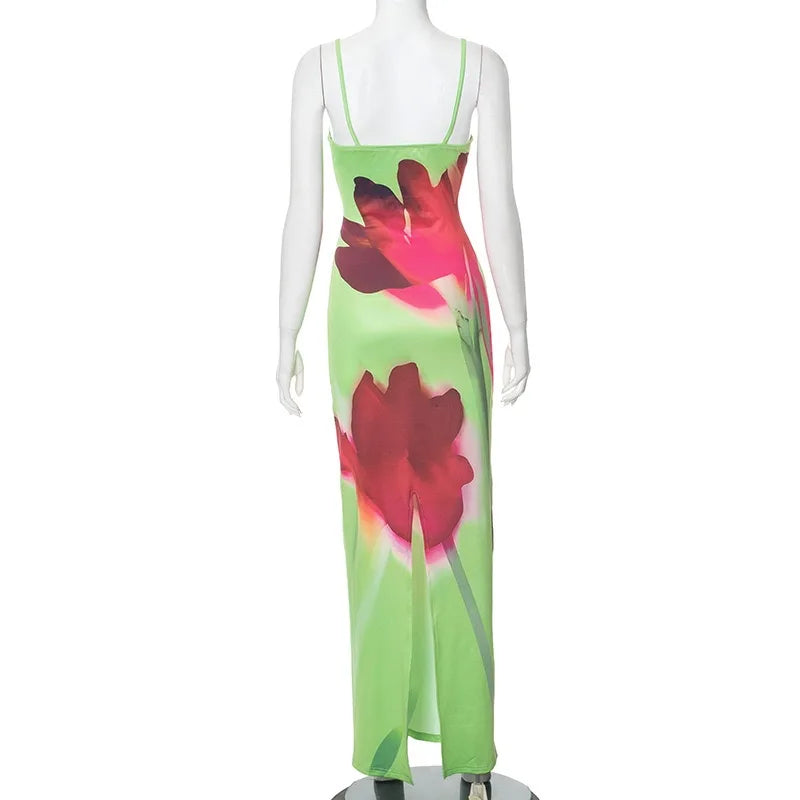 Aiertu  -   Square Neck Spaghetti Strap Sleeveless Backless Floral Print Split Maxi Dress Summer Sweet Elegant Celebrity Vestidos Aiertu