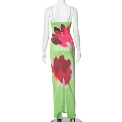 Aiertu  -   Square Neck Spaghetti Strap Sleeveless Backless Floral Print Split Maxi Dress Summer Sweet Elegant Celebrity Vestidos Aiertu