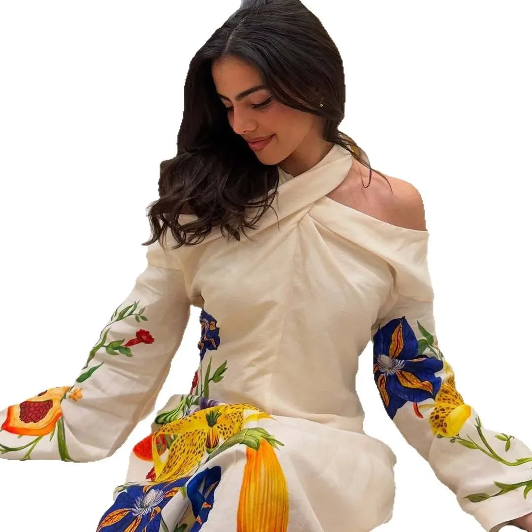 Aiertu  -  Elegant Fashion Long Printed Dress Cross Neck Shoulder Bared Cotton Maxi Gown for Women Crossbody Casual Comfortable Skirt Aiertu