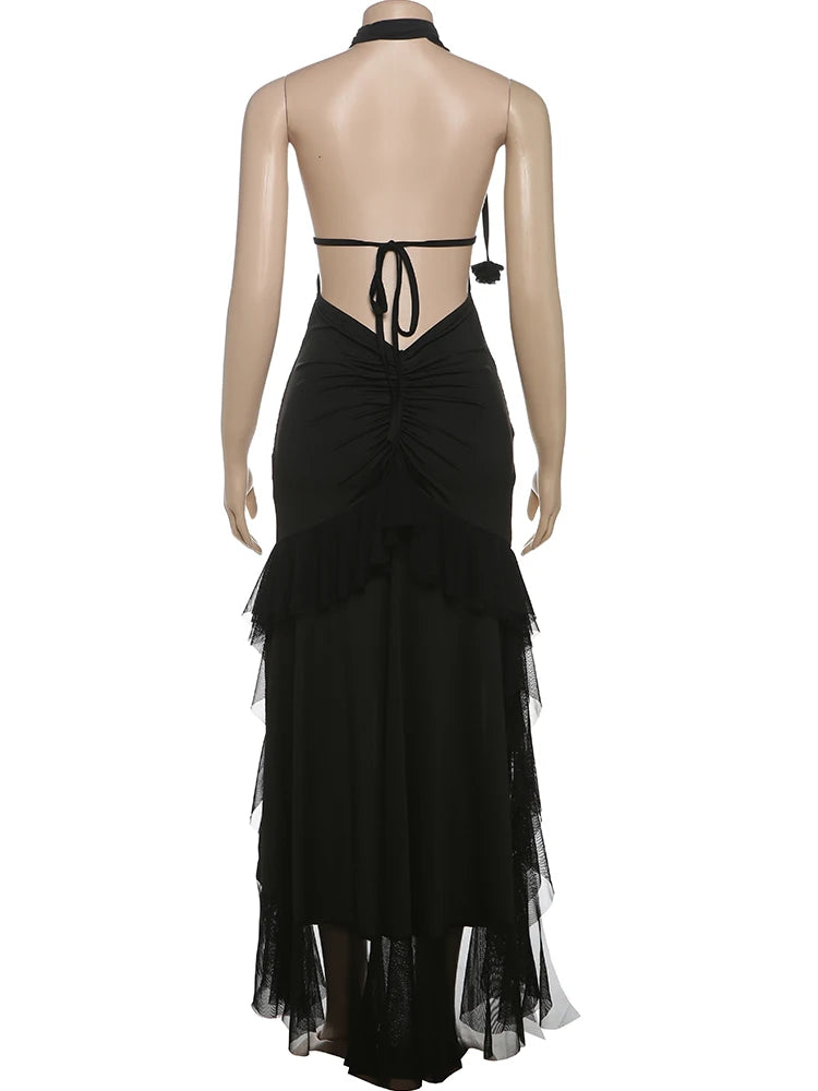 Aiertu  -  Mesh Bandage Backless Dress Women Sexy Halter Low-Neck Sleeveless Slits Ruffles Robe Hottie Vacation Hispter Outfits Aiertu