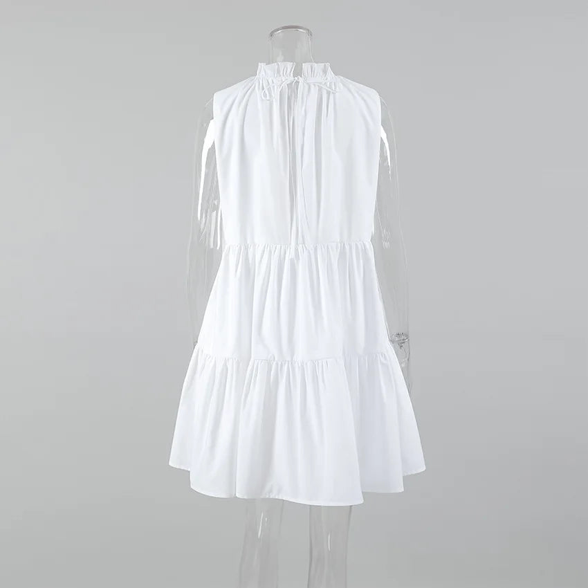 Aiertu  -  Summer Cotton A-line Loose Ruffles White Dress Women Casual O-neck Lace-up Sleeveless Mini Dress Female Holiday Party Dress 2025 Aiertu
