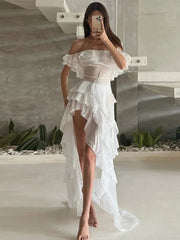 Aiertu  -  Chic Ruffle Backless Dress Women Slash Neck Sleeveless Lace Up Irregular Hem Floor-length Dresses Female 2025 Spring Lady Robe Aiertu